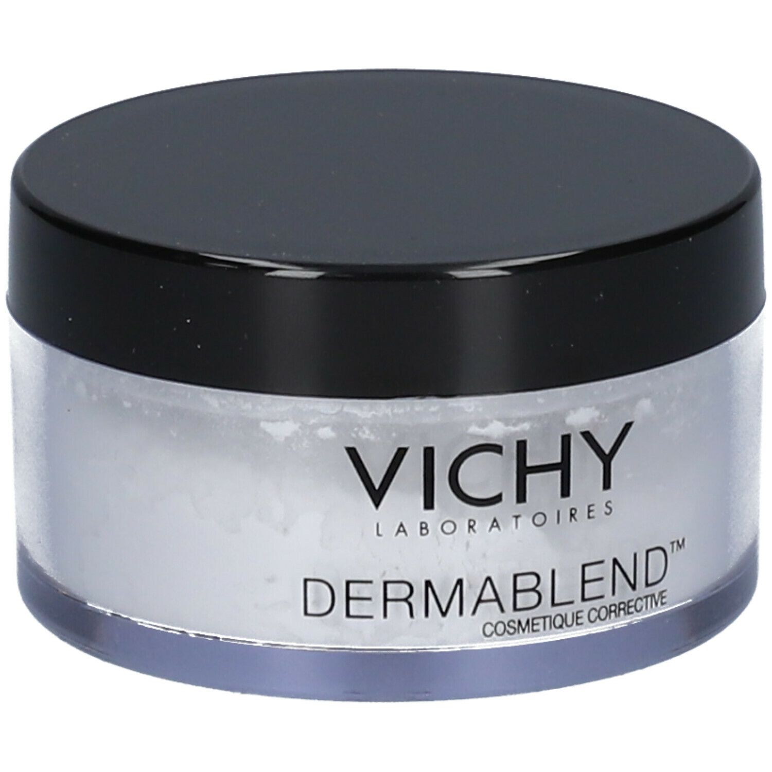 Contenitore rotondo con coperchio nero. Contiene polvere bianca. Marchio: Vichy Dermablend.
