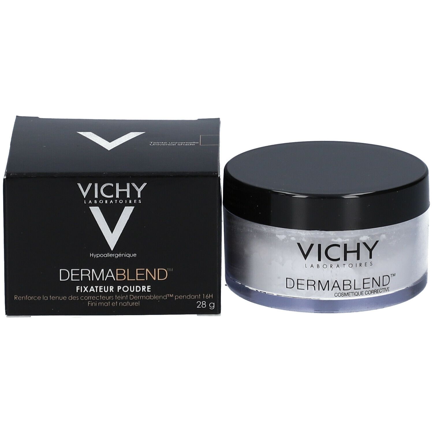 Scatola nera e barattolo con coperchio nero. Contiene polvere bianca. Marchio: Vichy Dermablend.
