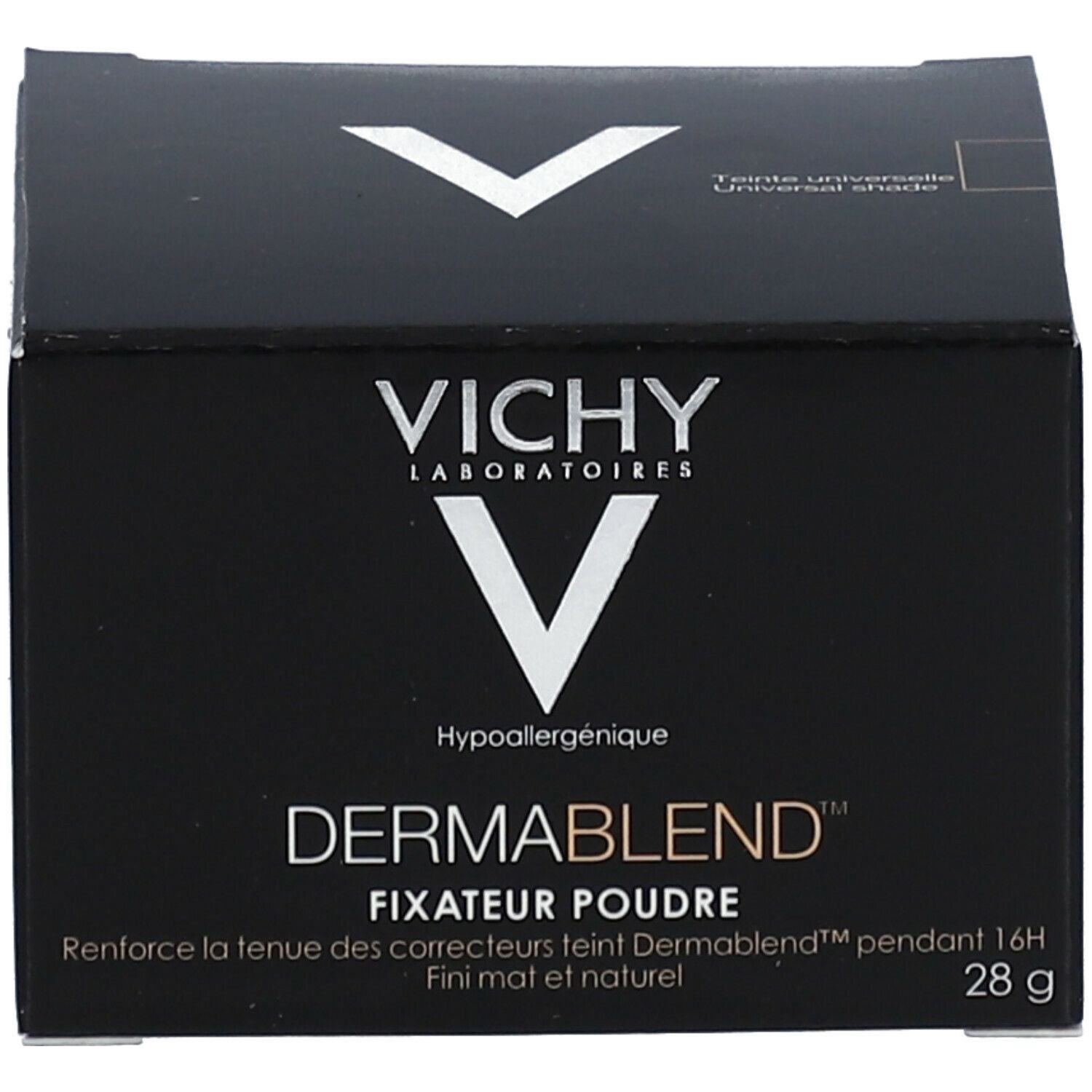 Scatola nera. Contiene polvere bianca. Marchio: Vichy Dermablend. Testo: Fixateur Poudre.