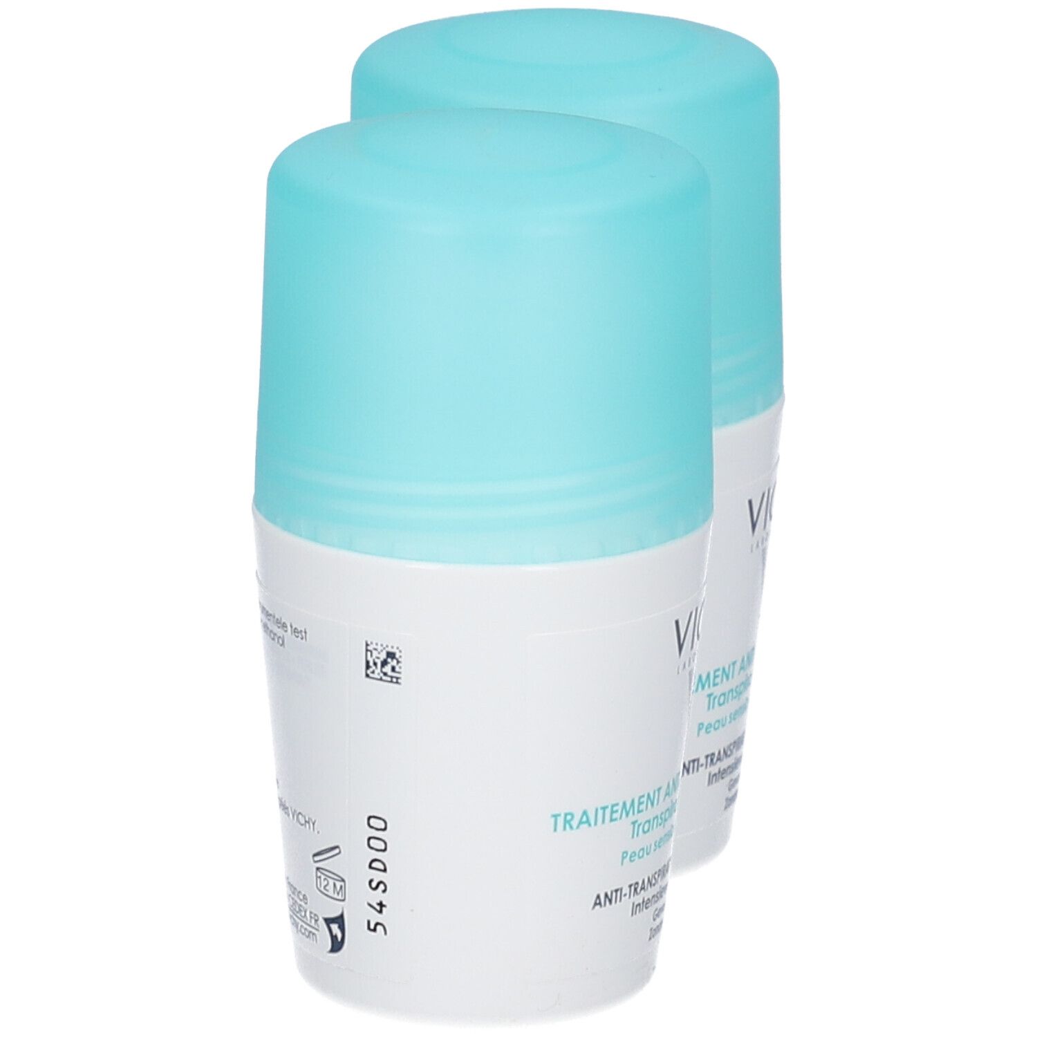 Due deodoranti roll-on con tappi azzurri. Flaconi bianchi con informazioni sul prodotto e codice a barre.
