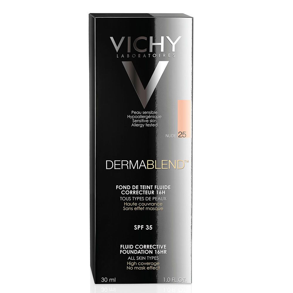 Scatola nera con logo Vichy e Dermablend. Tonalità 25 Nude. Fondotinta fluido, SPF 35.