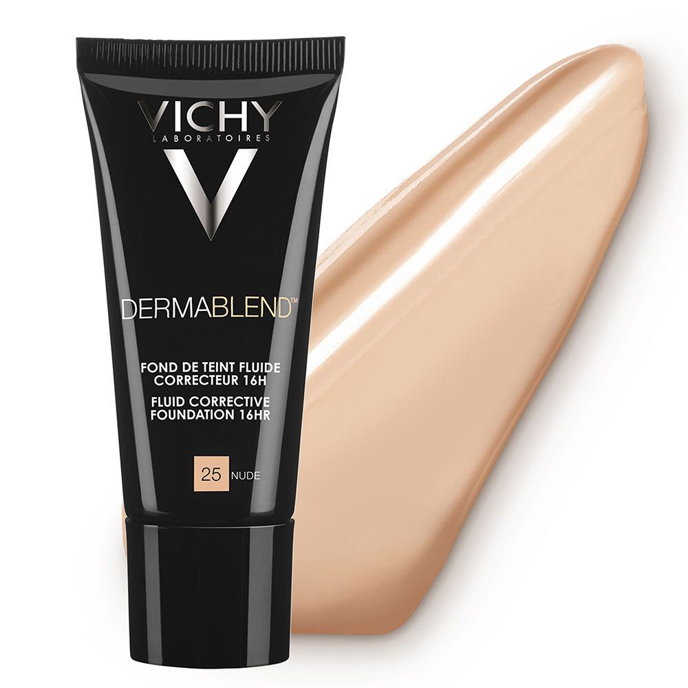 Tubo nero Vichy Dermablend, tonalità 25 Nude. Accanto, una macchia di fondotinta.