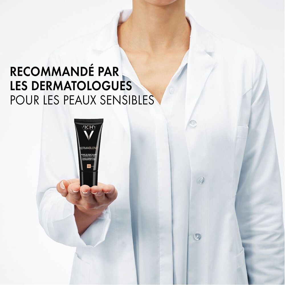 Medico tiene un tubo. Vichy Dermablend. Raccomandato per pelli sensibili.