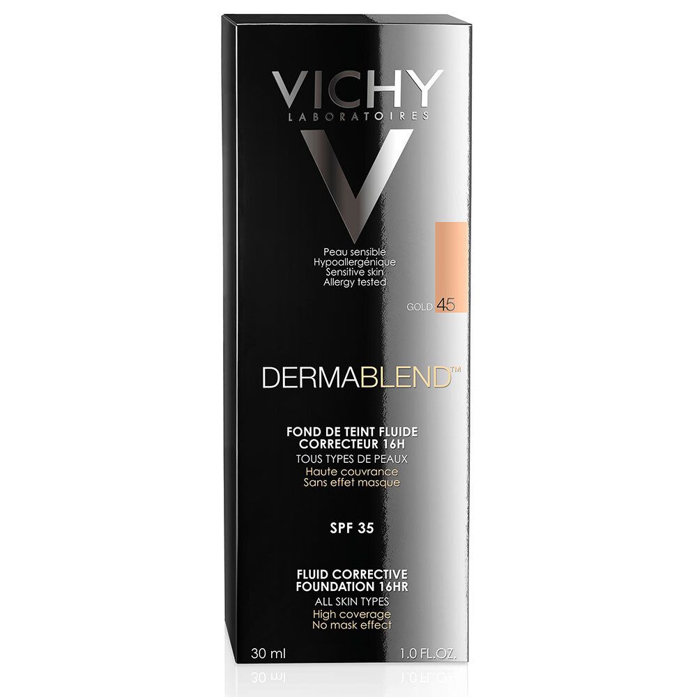 Scatola nera Vichy Dermablend 45. Fondotinta fluido correttivo 16H. SPF 35. Tutti i tipi di pelle.