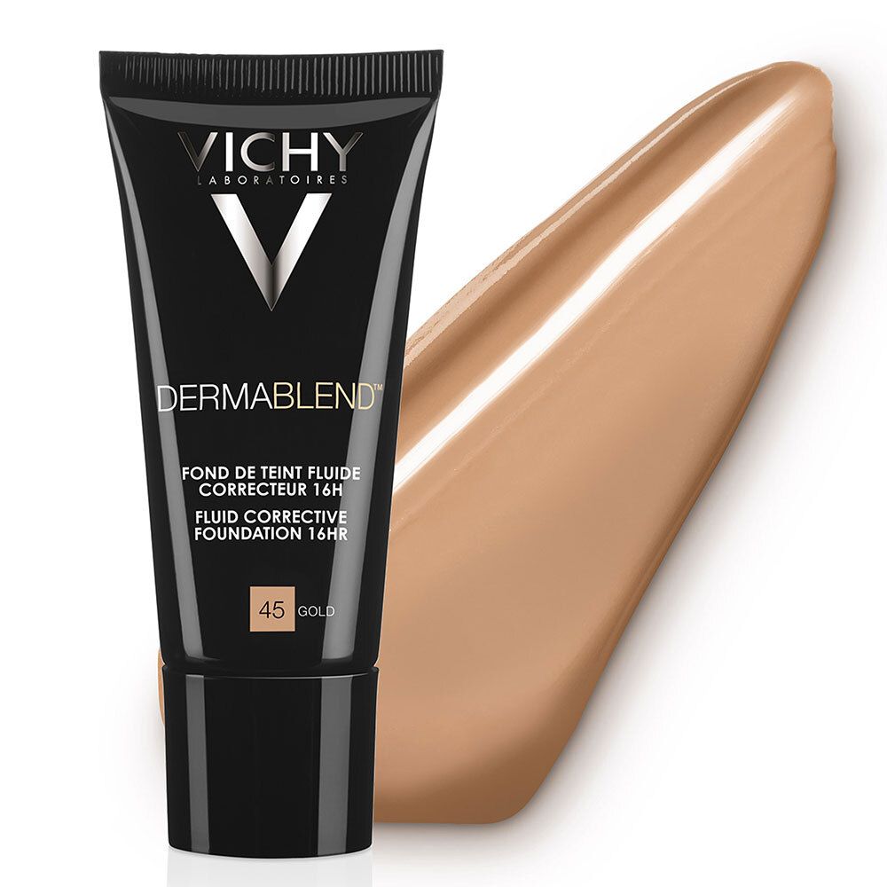 Tubo nero Vichy Dermablend 45 Gold e campione di fondotinta. Su sfondo bianco.