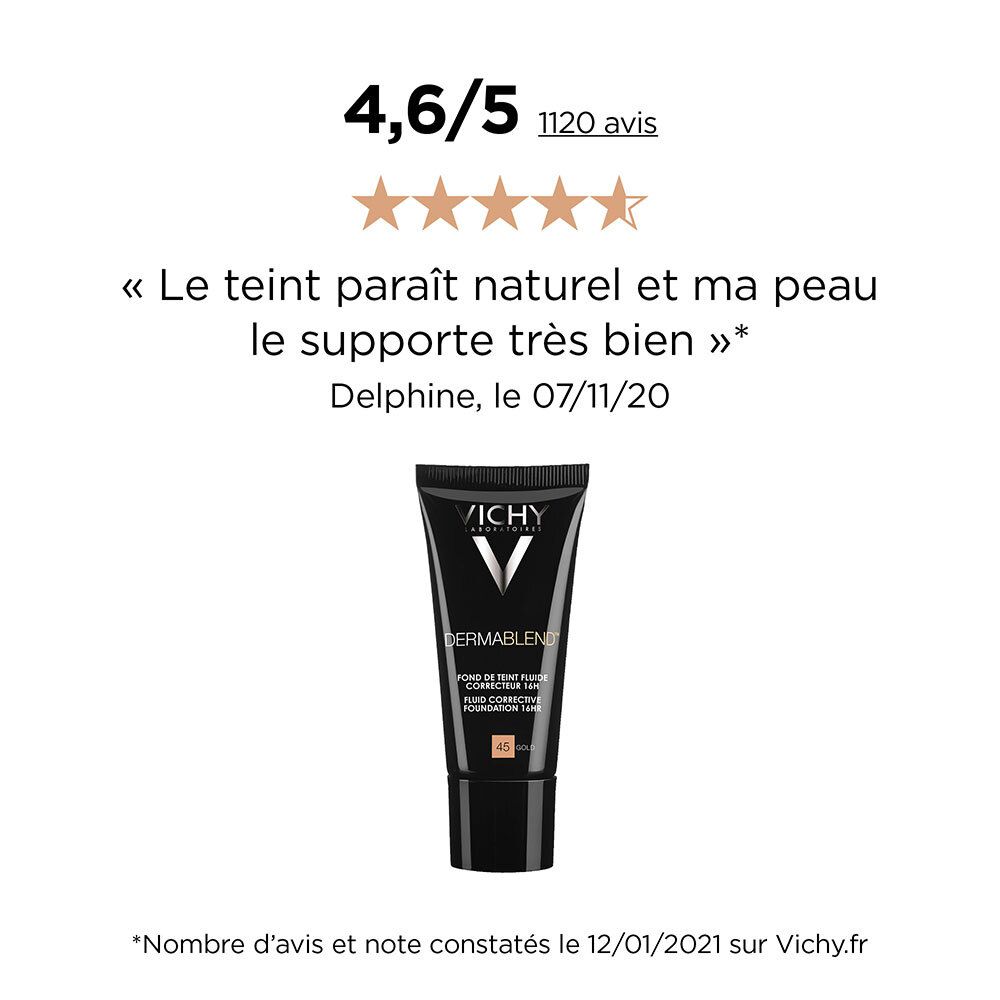 Tubo Vichy Dermablend e recensione cliente. 4,6/5 stelle. Tinta naturale, buona tolleranza.