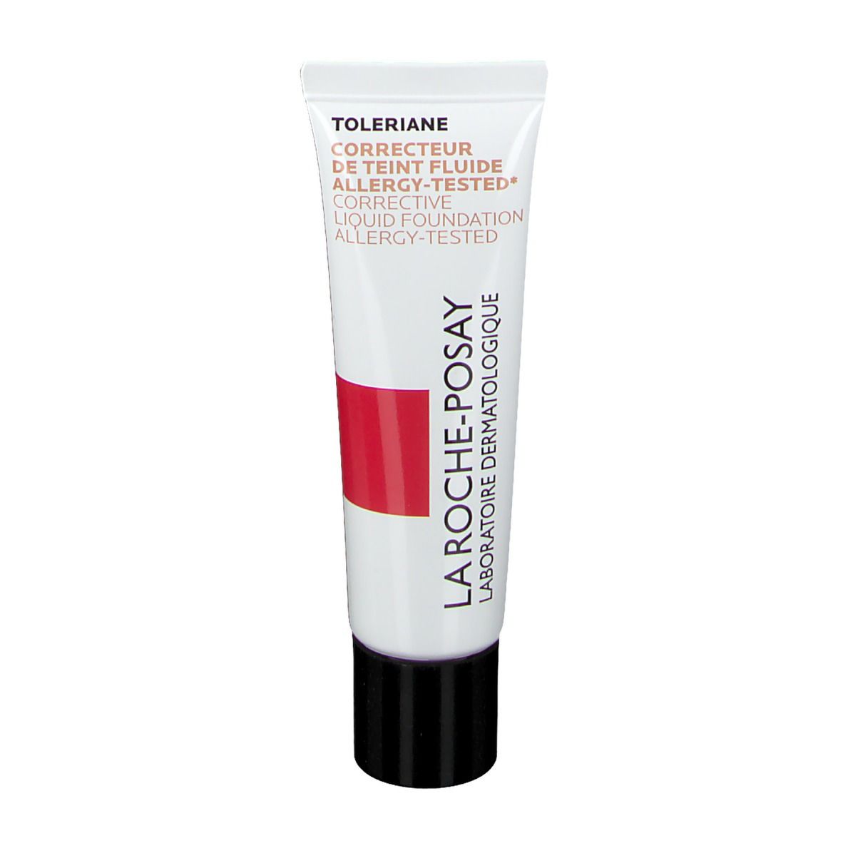Tubo di fondotinta correttivo La Roche-Posay Toleriane. Bianco, striscia rossa, tappo nero. Testo: Toleriane, Corrective Liquid Foundation.