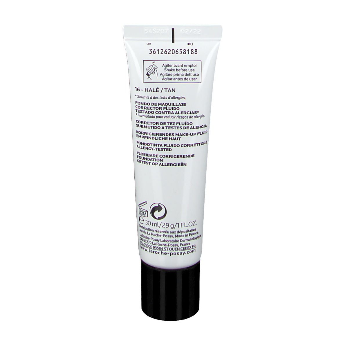 Retro del tubo La Roche-Posay Toleriane. Testo: 16-Hale/Tan, ingredienti, 30ml/29g/1FL.OZ, Test of Allergen.