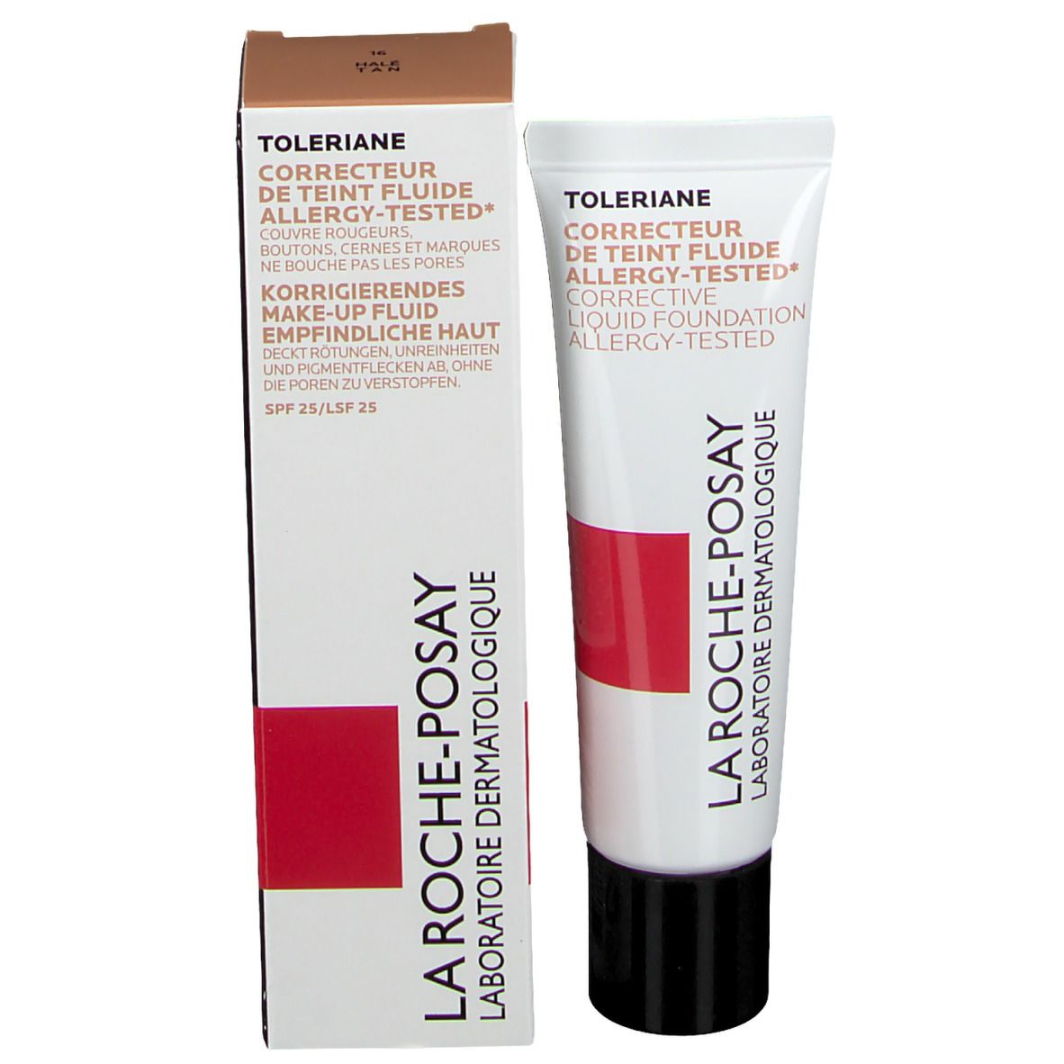 La Roche-Posay Toleriane fondotinta correttivo e confezione. Tubo e scatola. Testo: Toleriane, SPF 25/LSF 25.