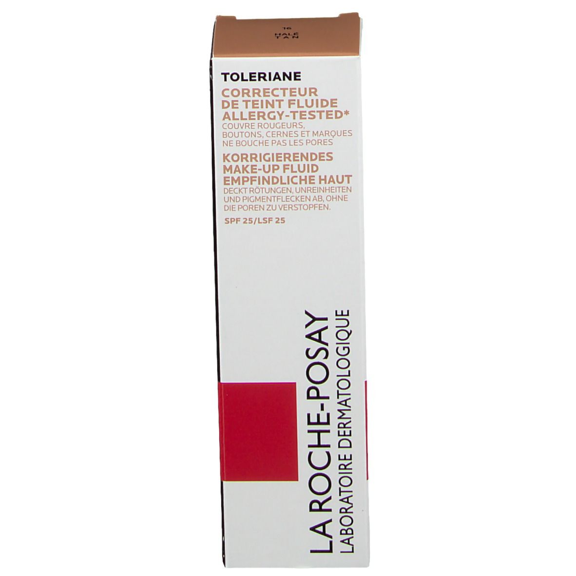 Confezione del fondotinta correttivo La Roche-Posay Toleriane. Testo: Toleriane, SPF 25/LSF 25.