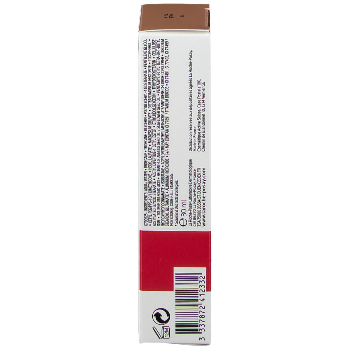 Lato della confezione del fondotinta correttivo La Roche-Posay Toleriane. Testo: ingredienti, E 30 ml.