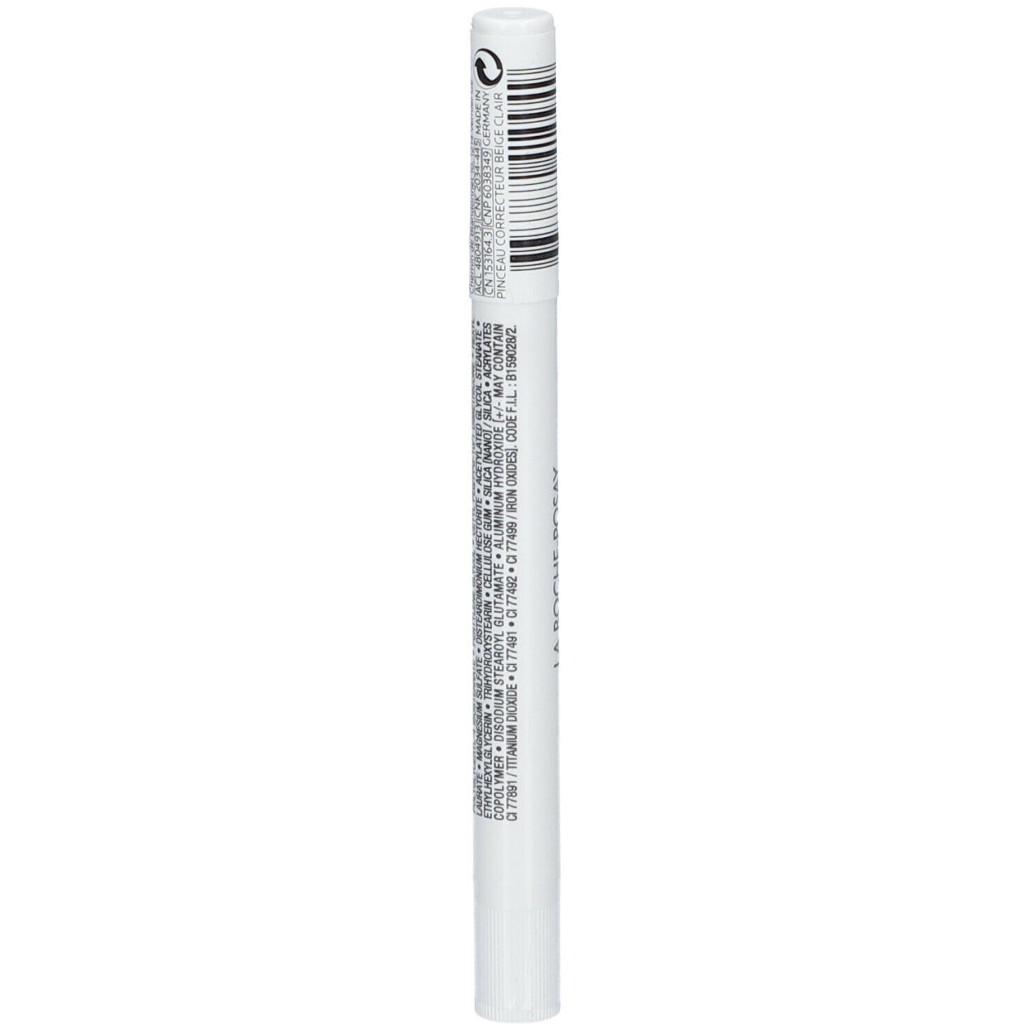Penna bianca con codice a barre nero e testo. Scritta: LA ROCHE-POSAY TOLERIANE.