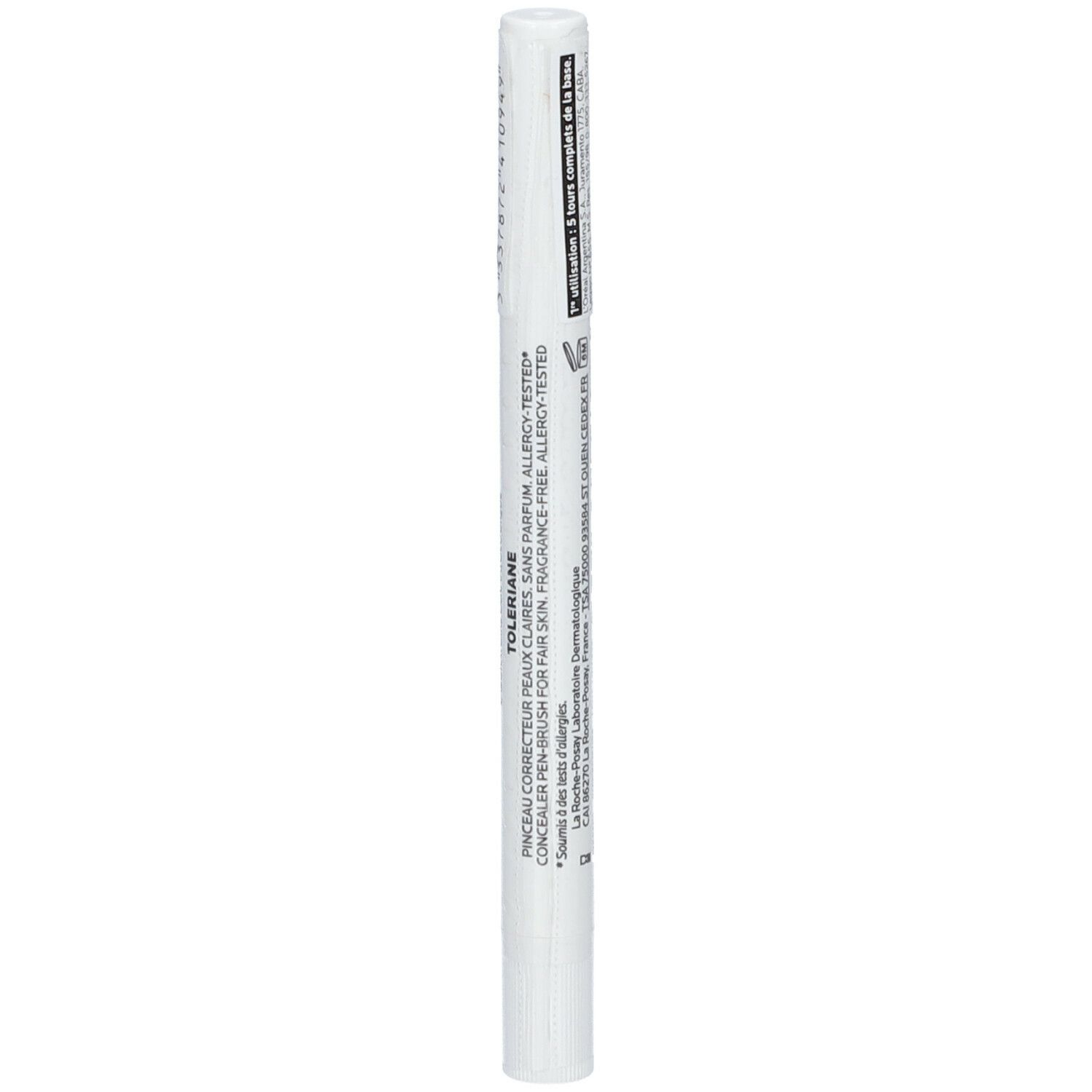 Penna bianca con codice a barre nero e testo. Scritta: LA ROCHE-POSAY TOLERIANE.
