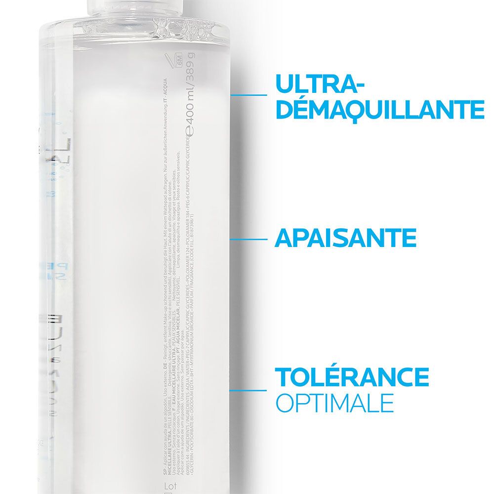 Estratto di testo su sfondo blu: Ultra-Démaquillante, Apaisante, Tolérance Optimale.