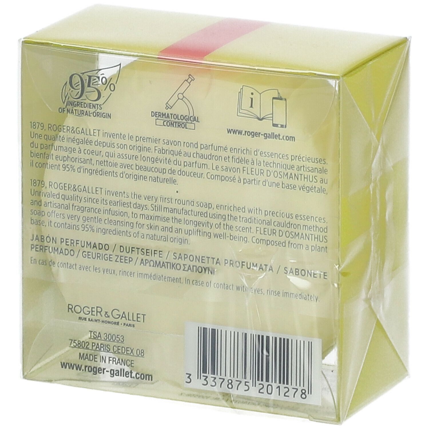 Retro della confezione gialla. Testo: Roger & Gallet, Fleur d'Osmanthus. Codice a barre. Testo multilingue.