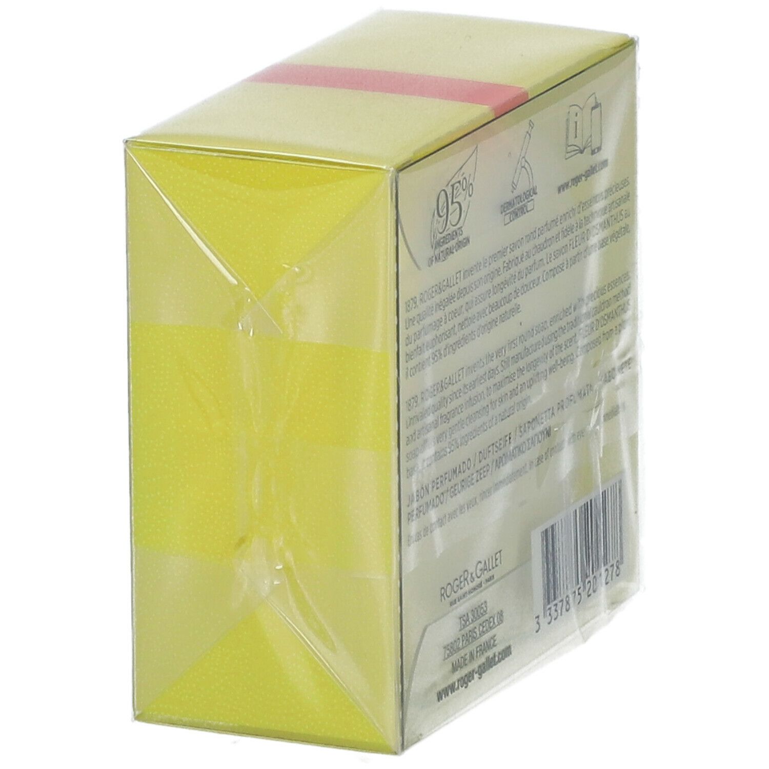 Confezione gialla con testo e codice a barre. Nastro rosso. Logo Roger & Gallet. Confezione trasparente.