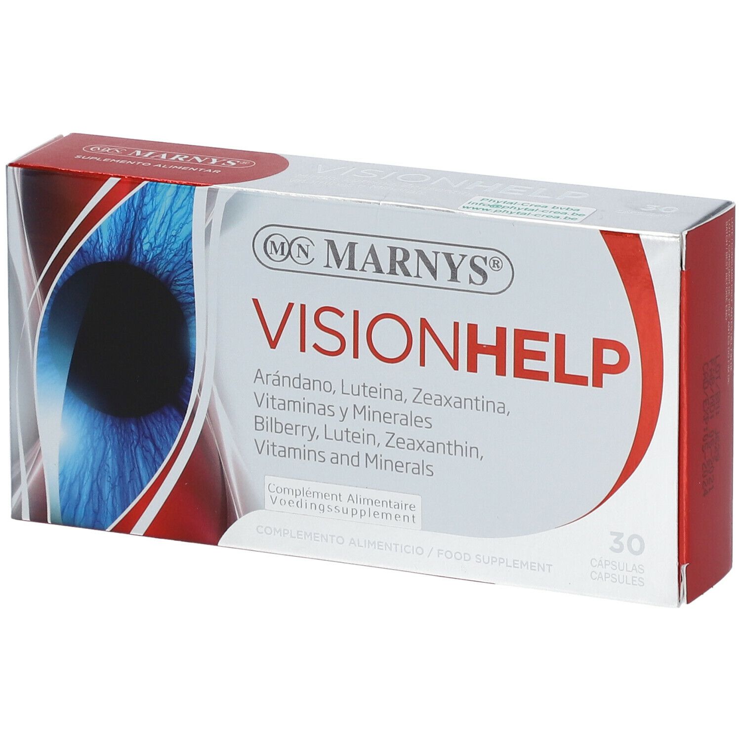 Scatola MARNYS Vision Help. Scritto: Arándano, Luteina, Zeaxantina, Vitaminas y Minerales. 30 capsule.