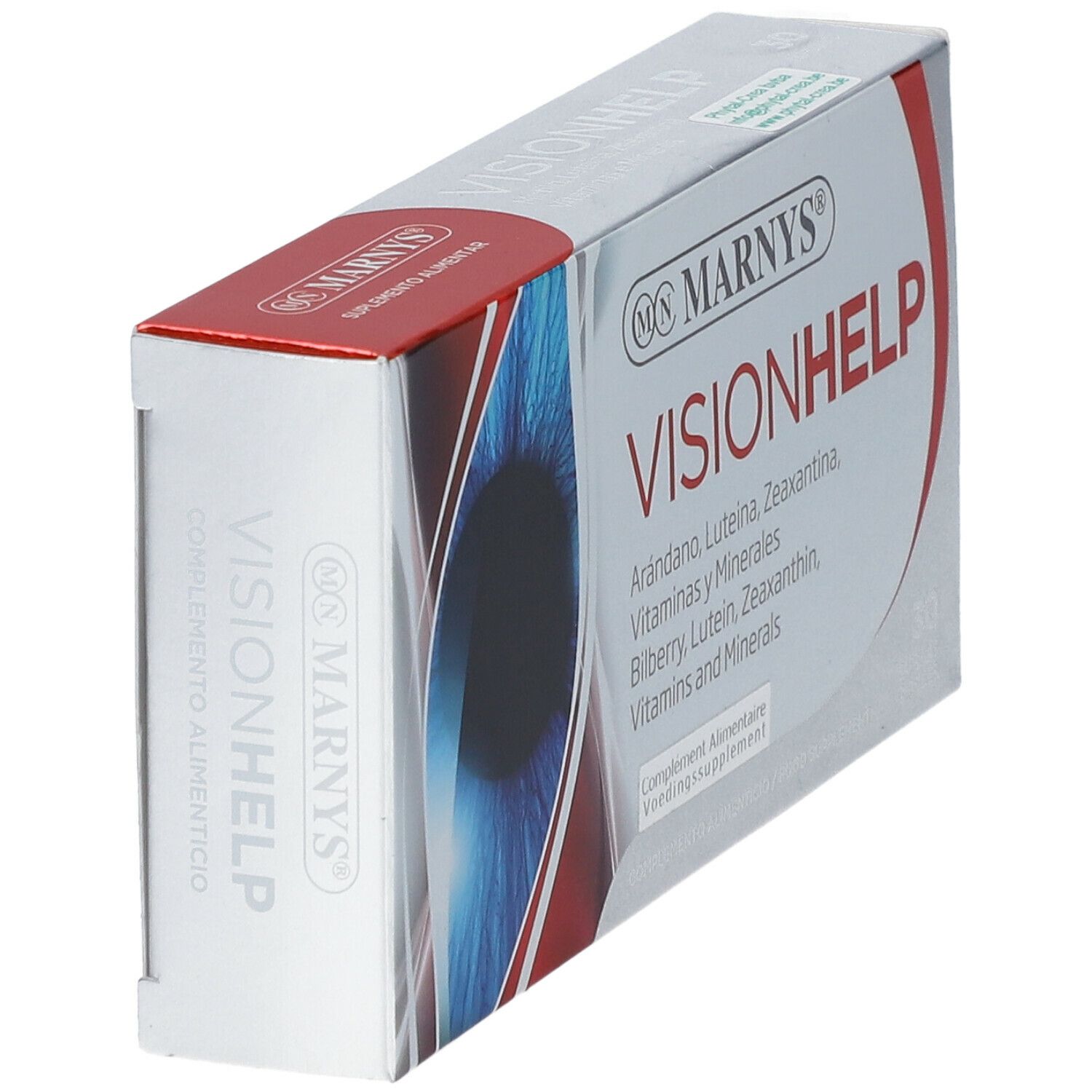 Scatola MARNYS Vision Help, vista laterale. Scritto: Vision Help, Arándano, Luteina, Zeaxantina, Vitaminas y Minerales.