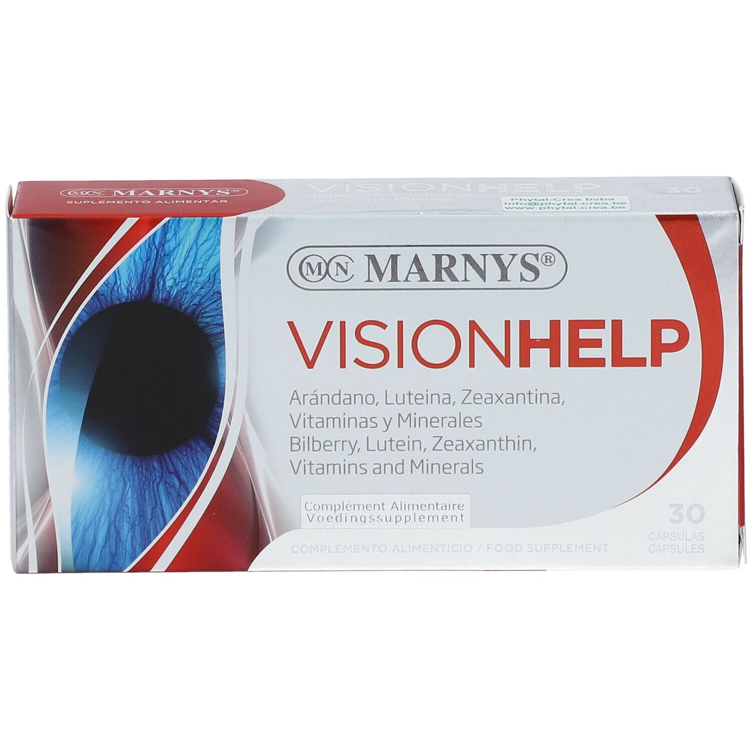 Scatola MARNYS Vision Help. Scritto: Vision Help, Arándano, Luteina, Zeaxantina, Vitaminas y Minerales. 30 capsule.