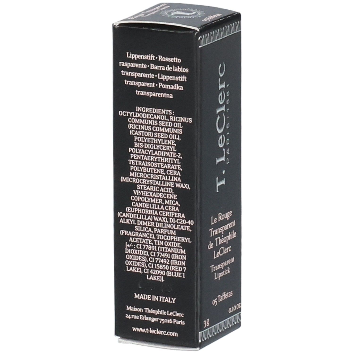 Retro della confezione nera T.LeClerc. Testo: Ingredienti, Made in Italy. Logo T.LeClerc Paris 1881.