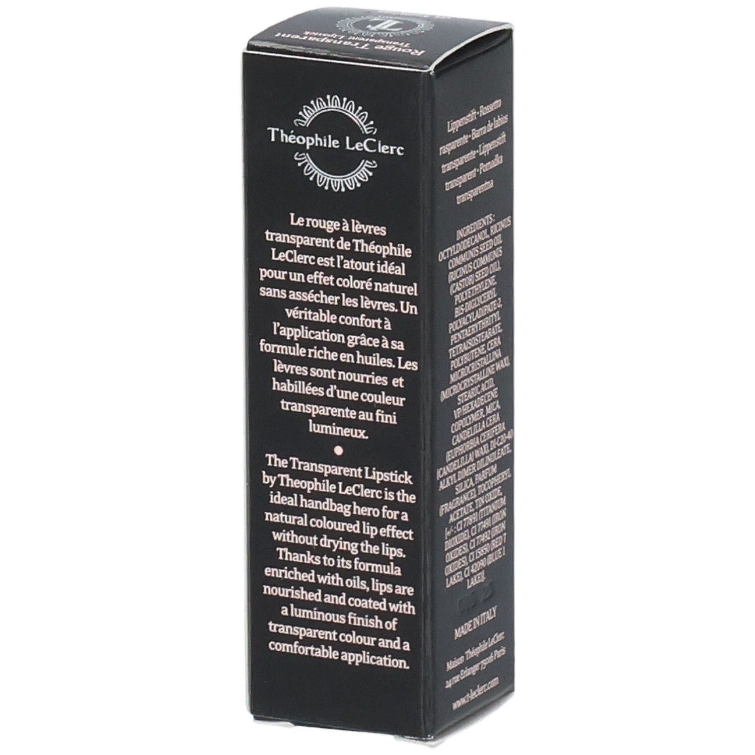 Lato della confezione nera T.LeClerc. Testo: Le Rouge à lèvres transparent, The Transparent Lipstick. Logo T.LeClerc Paris 1881.