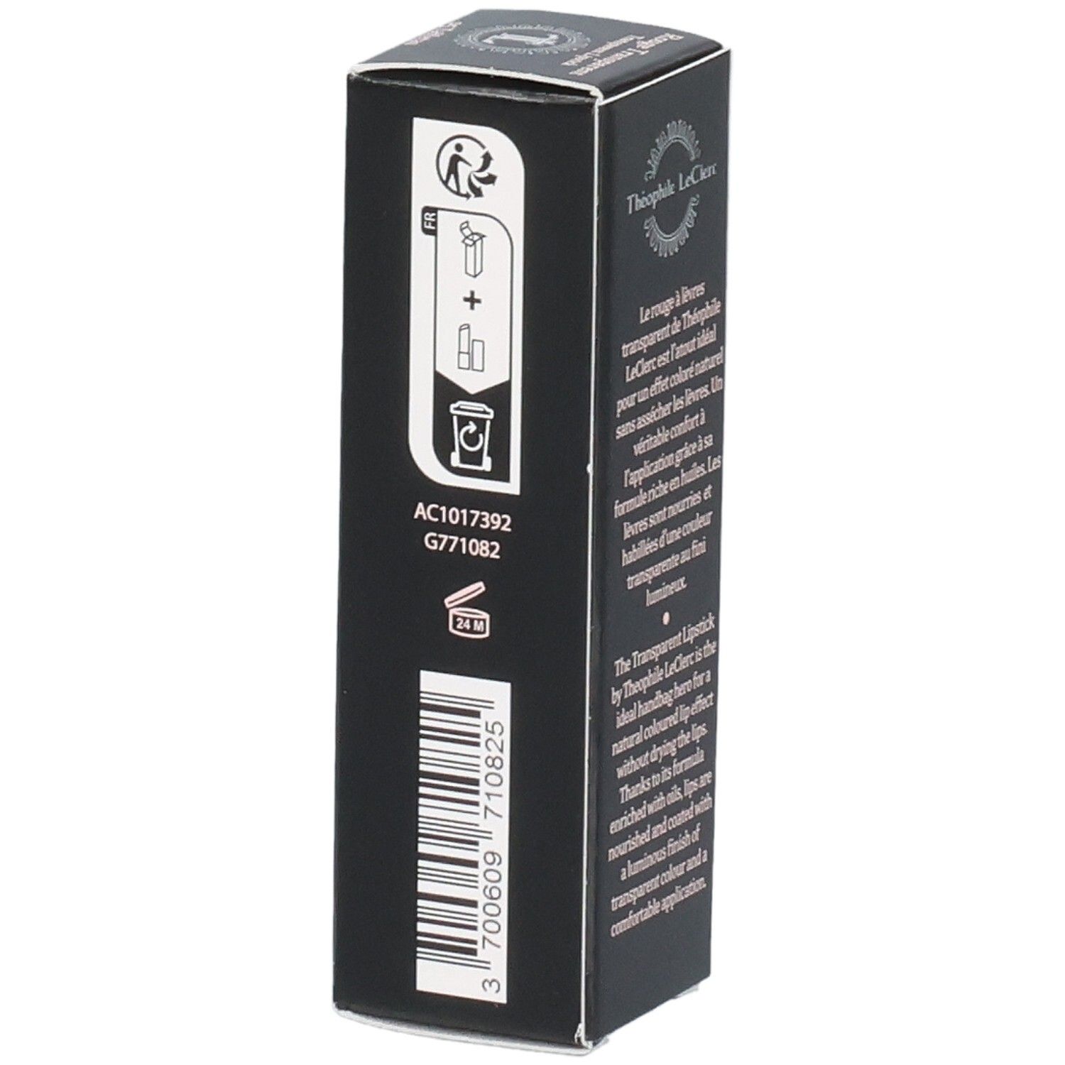 Lato della confezione nera T.LeClerc. Testo: AC1017392 G771082, 24M. Logo T.LeClerc Paris 1881.