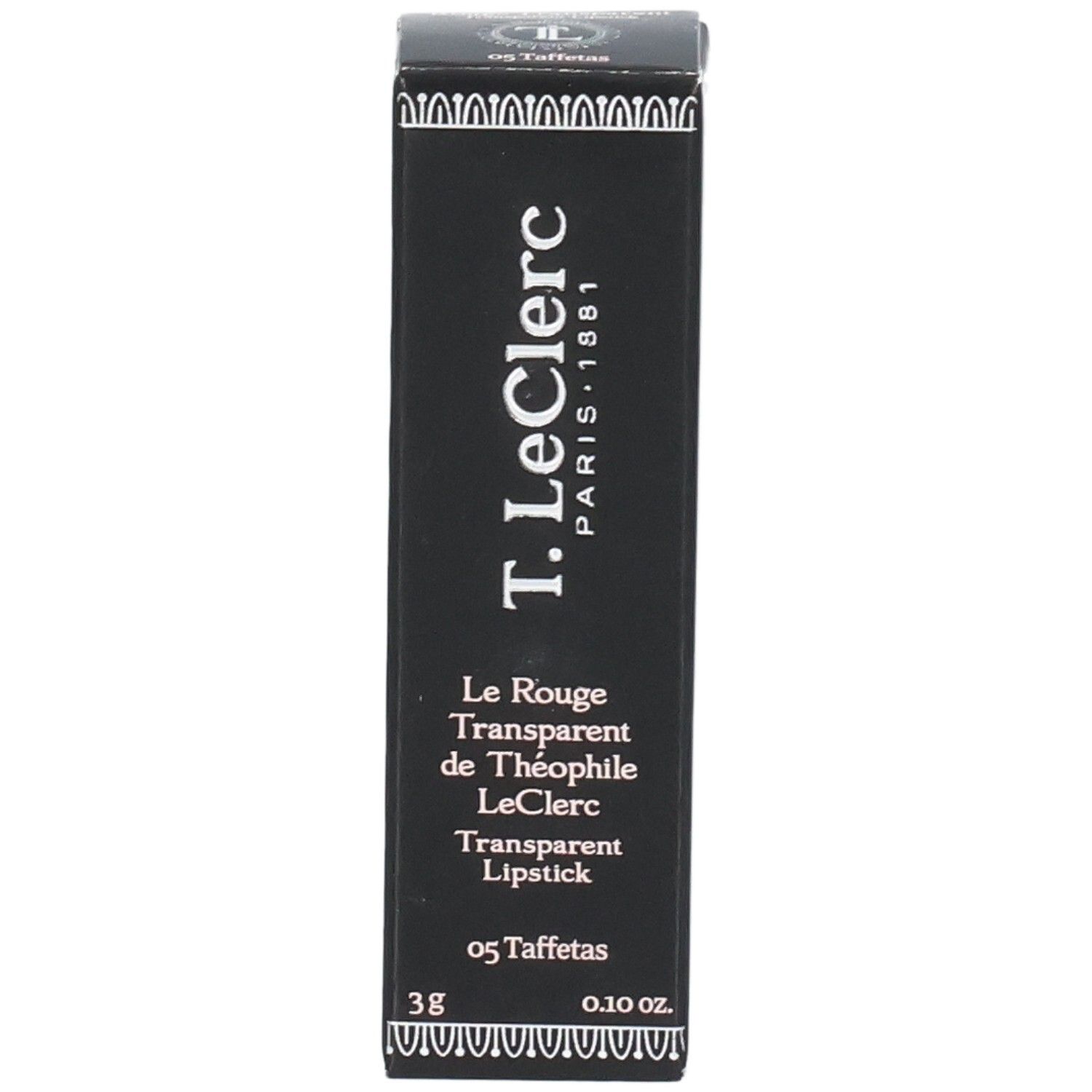 Confezione nera T.LeClerc. Testo: Transparent Lipstick, 05 Taffetas, 3g, 0.10 oz. Logo T.LeClerc Paris 1881.