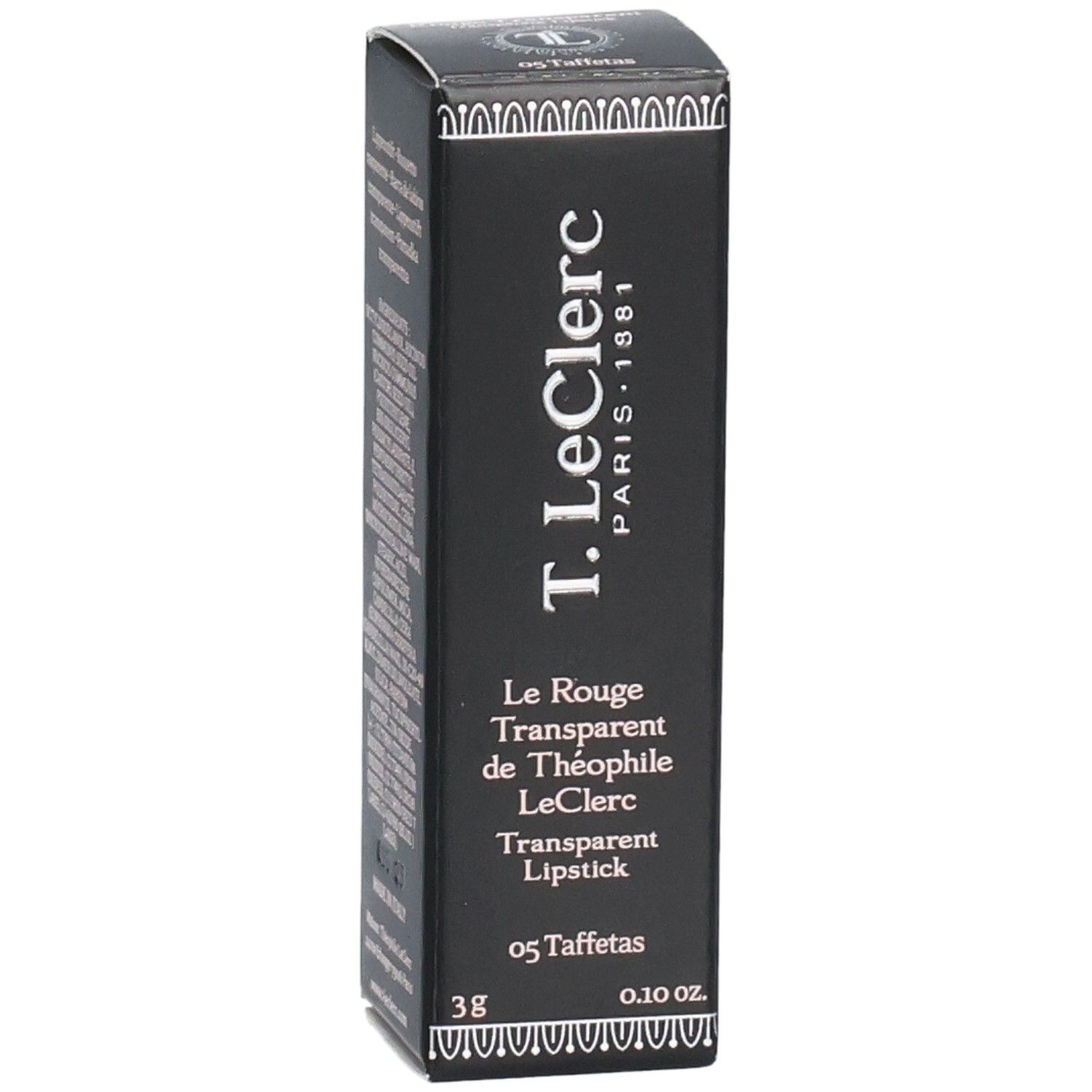 Confezione nera T.LeClerc. Testo: Transparent Lipstick, 05 Taffetas, 3g, 0.10 oz. Logo T.LeClerc Paris 1881.