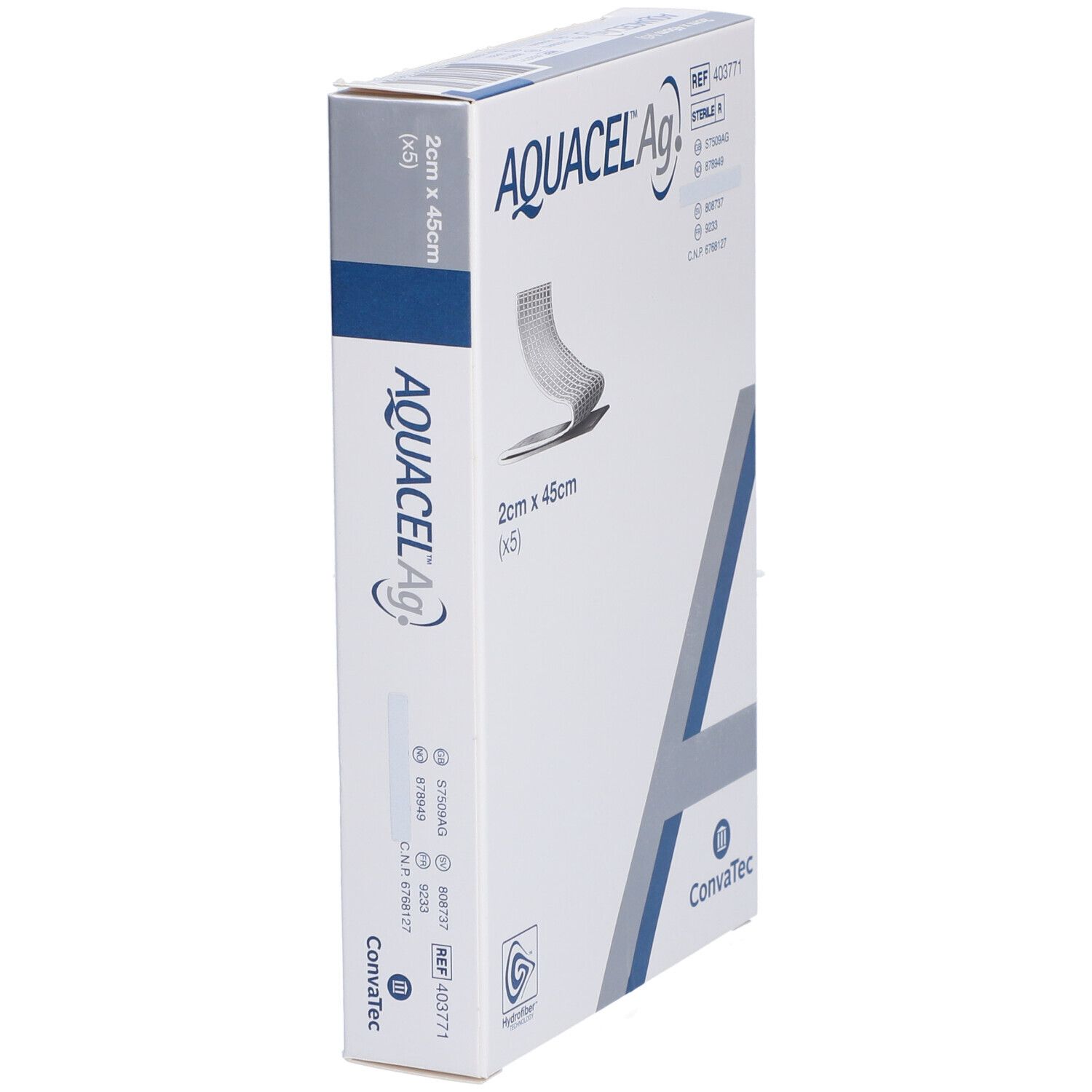 Confezione AQUACEL Ag. Scritta: 2 cm x 45 cm, (x5). Logo Convatec. Illustrazione del prodotto. Vista laterale.