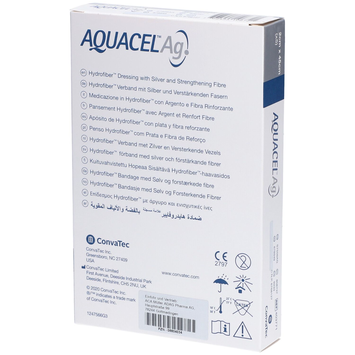 Retro della confezione AQUACEL Ag. Informazioni multilingue sul prodotto. Loghi Convatec e Hydrofiber.
