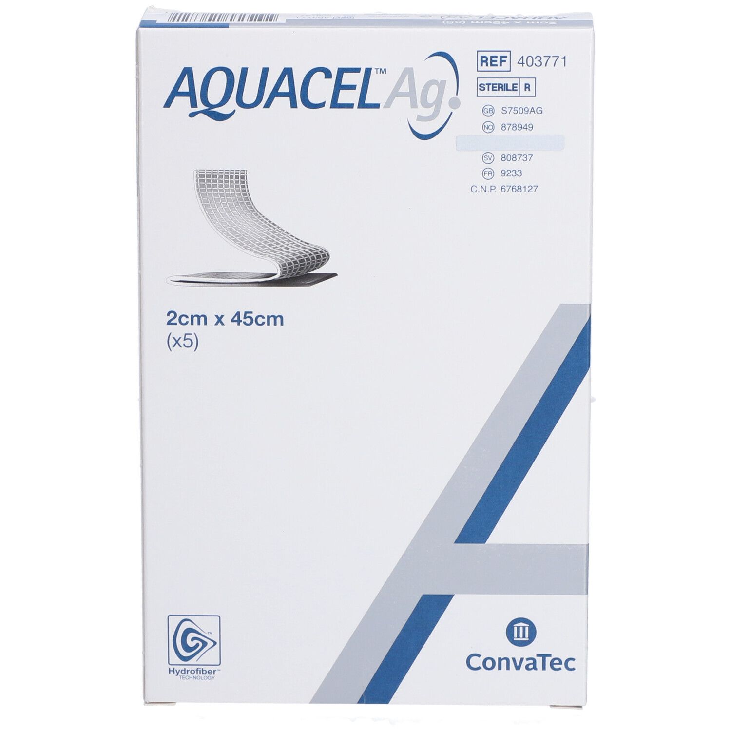 Confezione AQUACEL Ag. Scritta: 2 cm x 45 cm, (x5). Loghi Hydrofiber e Convatec. Illustrazione del prodotto.