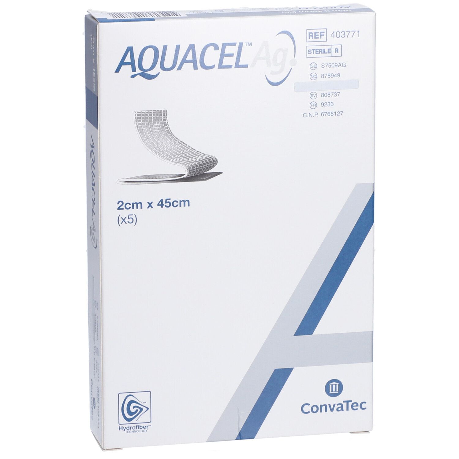 Confezione AQUACEL Ag. Scritta: 2 cm x 45 cm, (x5). Loghi Hydrofiber e Convatec. Illustrazione del prodotto.