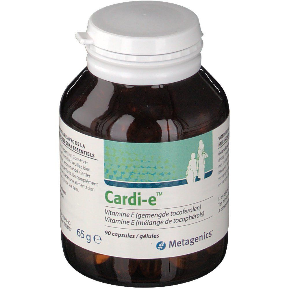 Flacone marrone con tappo bianco. Scritta: Cardi-E, Vitamina E. Contiene 90 capsule. Marca: Metagenics. Peso: 65g.