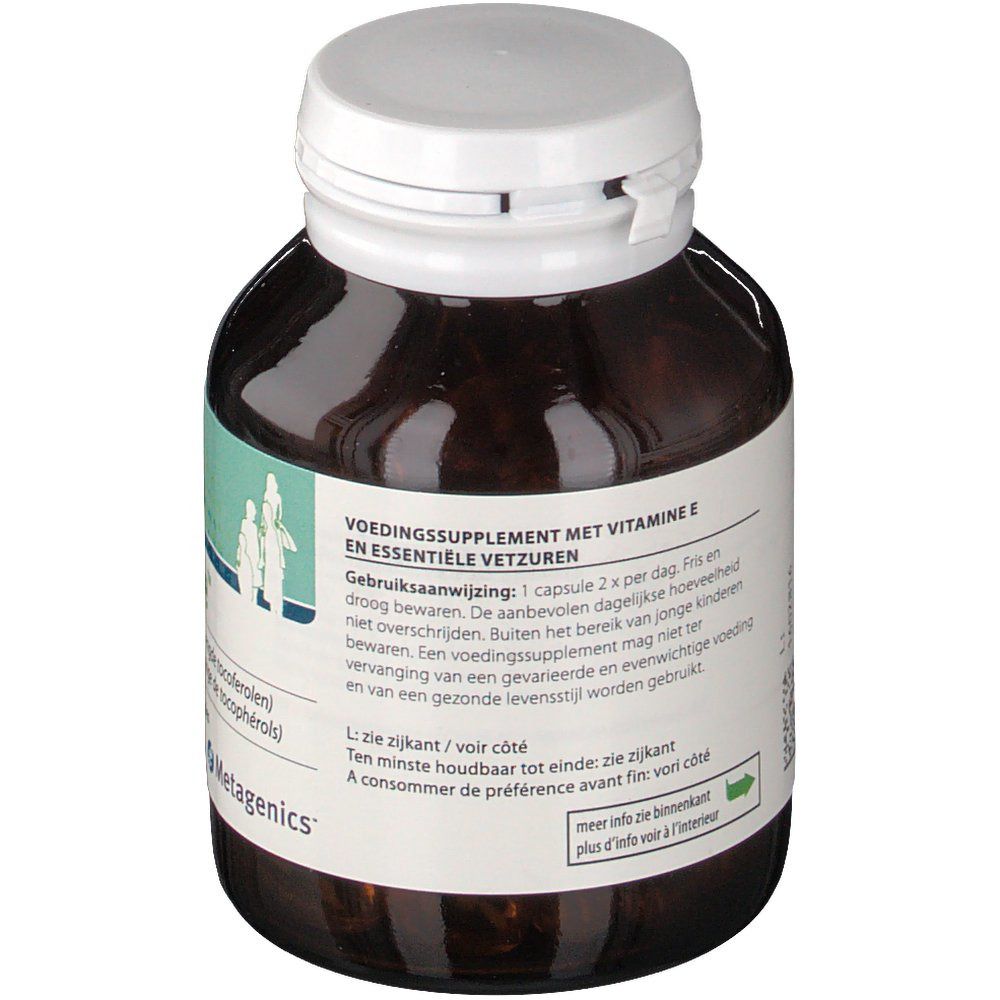 Retro del flacone. Testo: Integratore alimentare con vitamina E e acidi grassi essenziali. Istruzioni per l'uso. Marca: Metagenics.