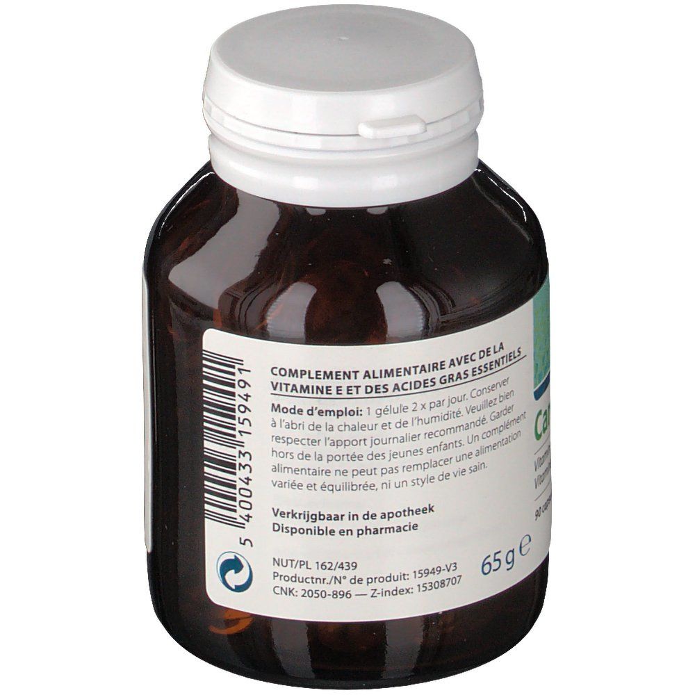Retro del flacone. Testo: Integratore alimentare con vitamina E e acidi grassi essenziali. Peso: 65g. Logo farmacia.