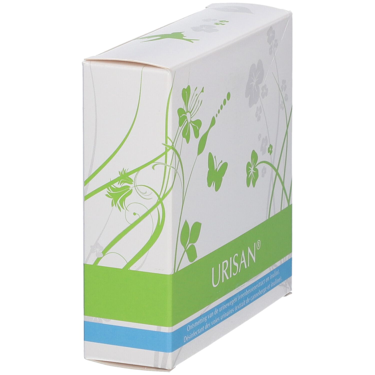 Scatola bianca, vista obliqua laterale. Fascia verde e illustrazioni floreali. Scritta URISAN® visibile.