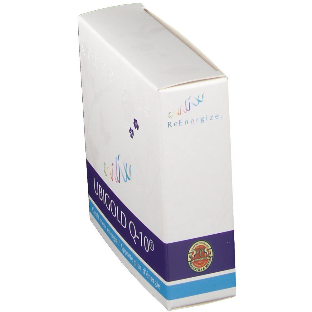Scatola Ubigold Q-10® con fascia blu e logo. Scritta: ReEnergize. Contiene integratore alimentare.
