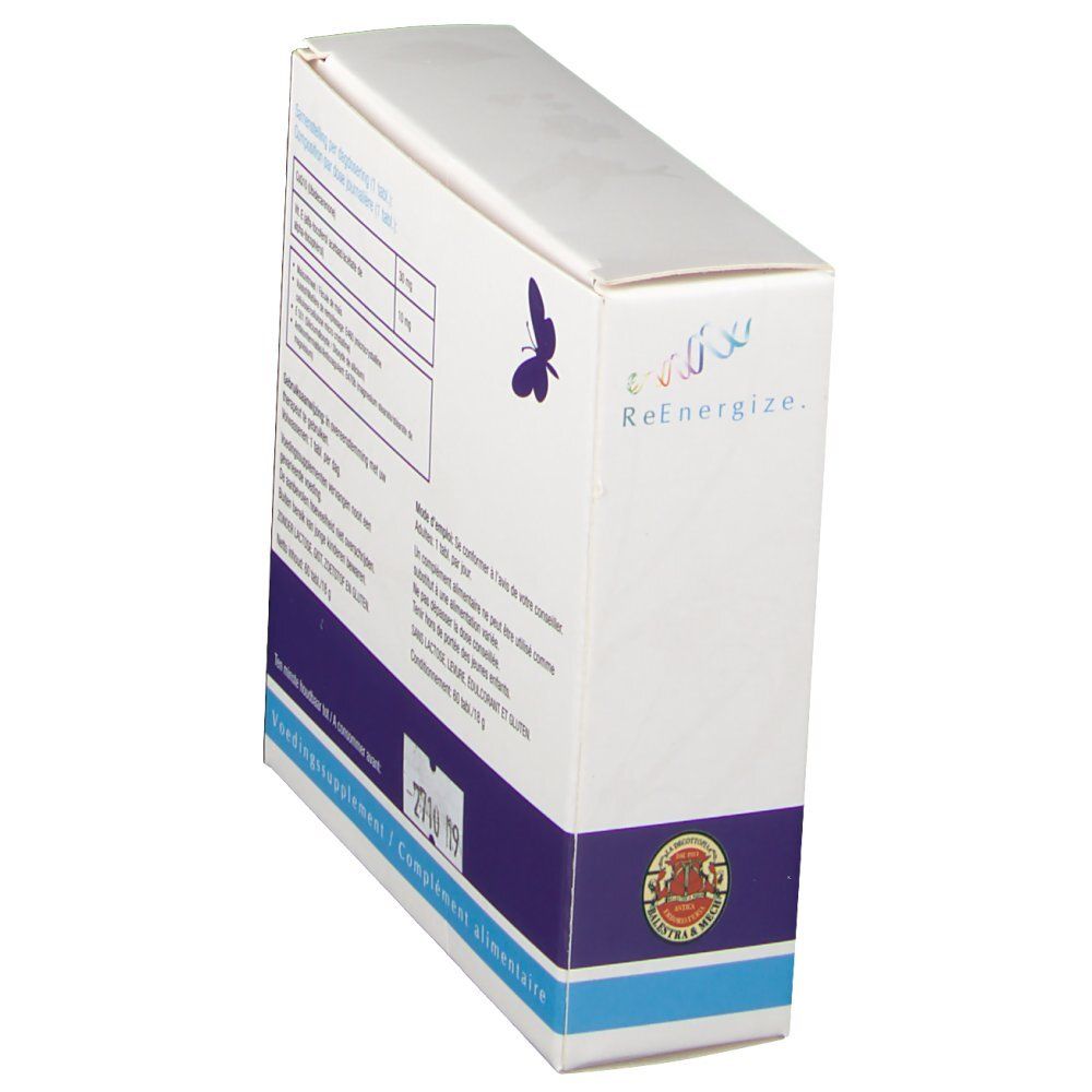 Vista laterale della confezione Ubigold Q-10®. Contiene informazioni sulla composizione e il dosaggio. Con logo.