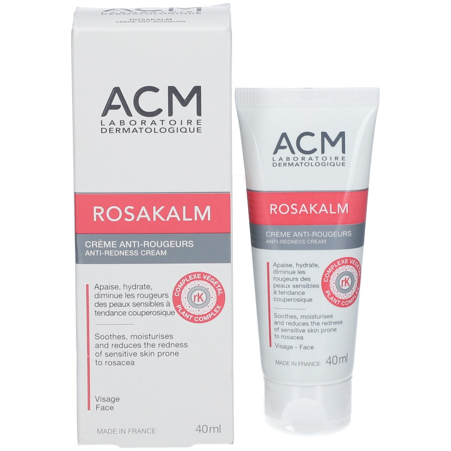 Confezione del prodotto: scatola e tubetto. Scritta: ROSAKALM, crema anti-rossore. 40ml. Marchio ACM.