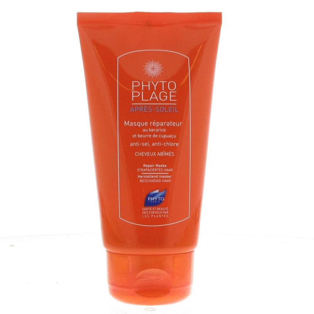 Tubo arancione con testo. Scritta: PHYTO PLAGE, APRES-SOLEIL, Masque réparateur, CHEVEUX ABIMES. Logo e nome del prodotto visibili.