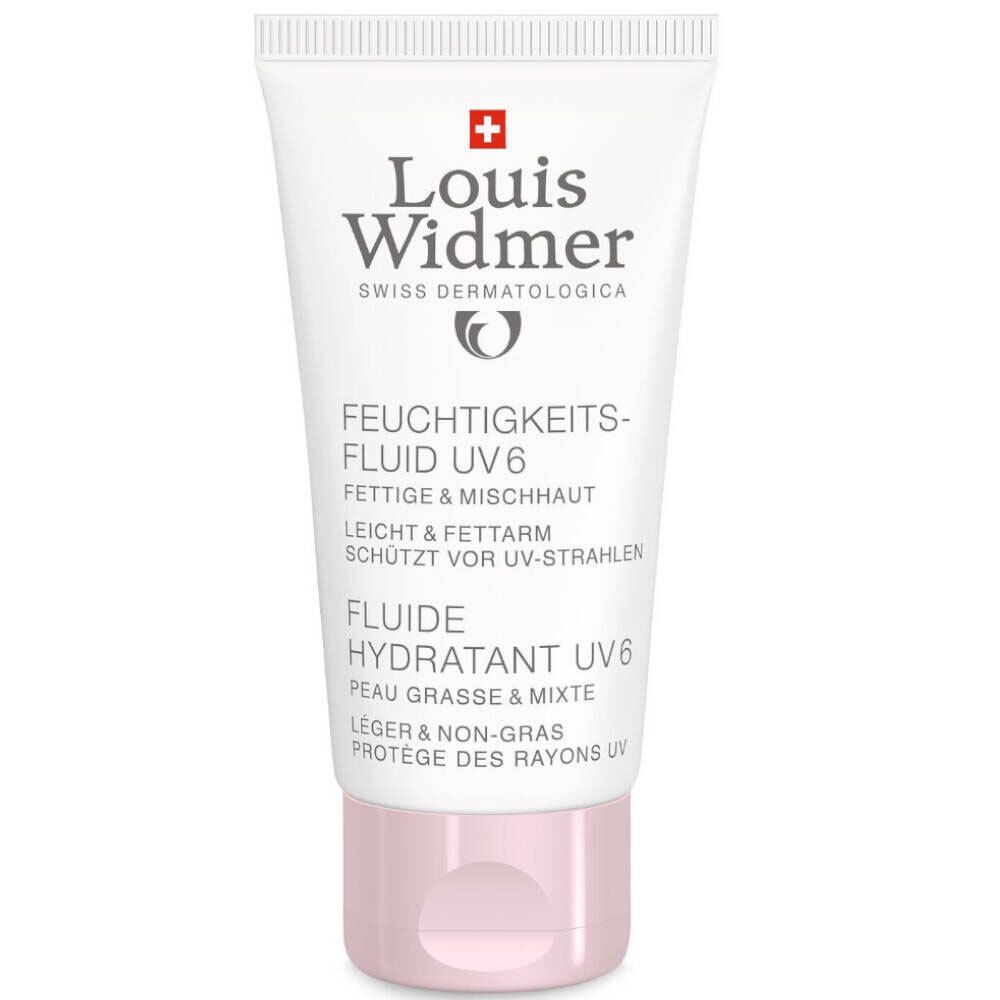 Tubo bianco con tappo rosa. Scritta: Louis Widmer, Fluido Idratante UV6. Per pelli grasse e miste.