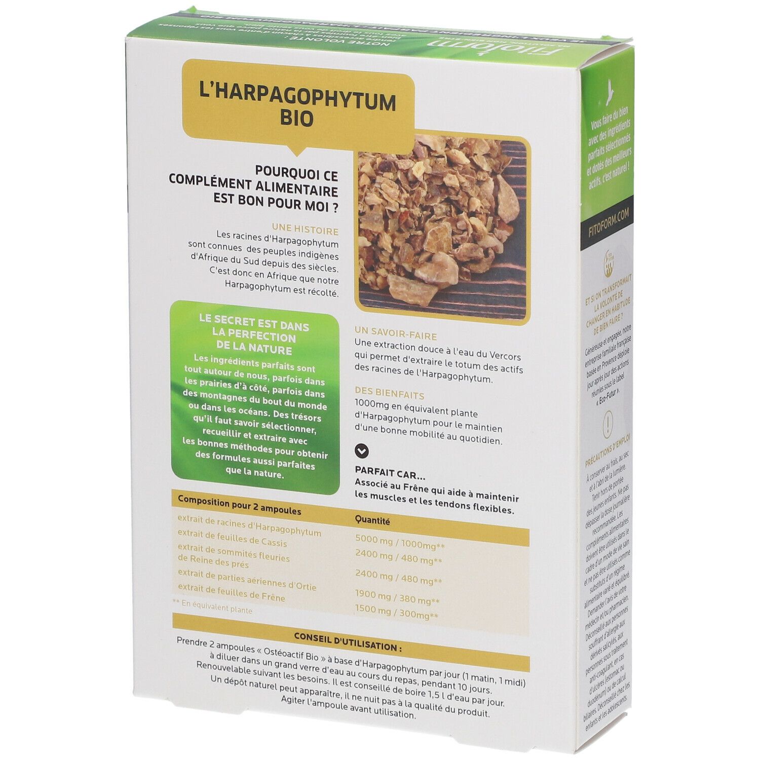 Retro della confezione del prodotto Fitoform. Scritta: L'Harpagophytum BIO. Testo sugli ingredienti e l'uso.