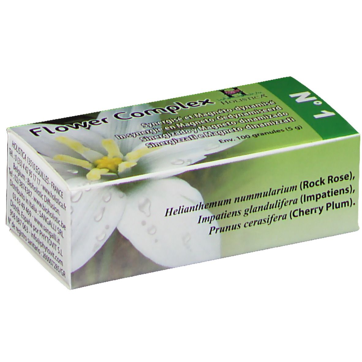 Confezione in cartone con nome del prodotto e ingredienti. Colori verde e bianco. Contiene 100 granuli.