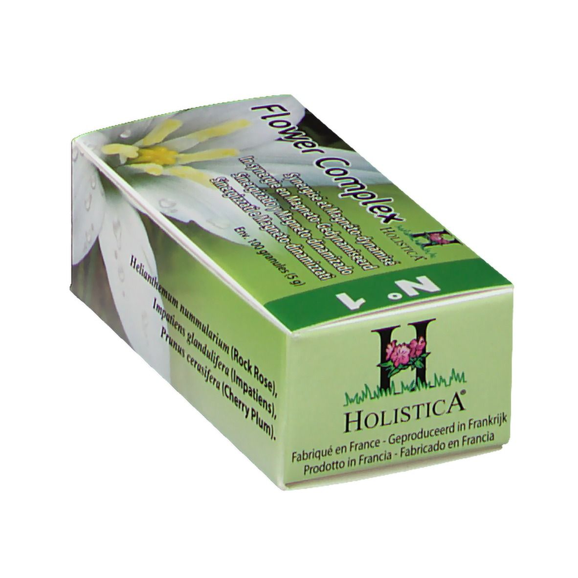 Confezione in cartone inclinata. Nome del prodotto e logo visibili. Colori verde e bianco. Contiene 100 granuli.