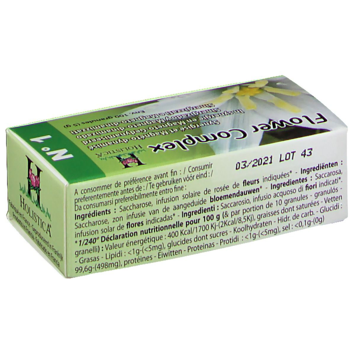 Confezione in cartone con informazioni sul prodotto. Colori verde e bianco. Contiene 100 granuli. Data di scadenza.