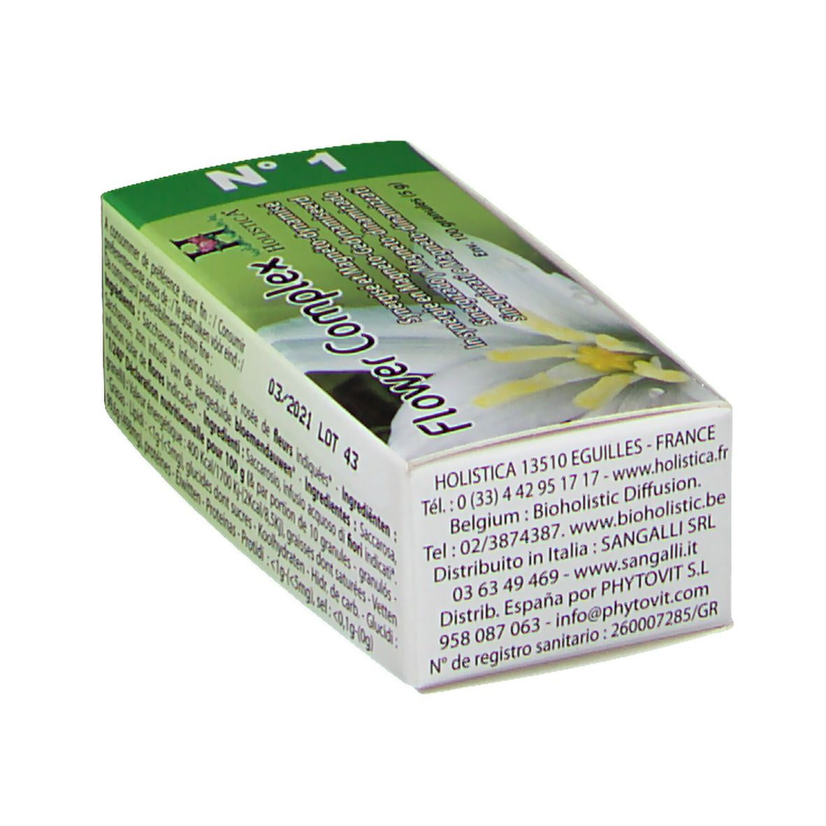 Confezione in cartone con informazioni sul prodotto. Colori verde e bianco. Contiene 100 granuli. Indirizzo del produttore.