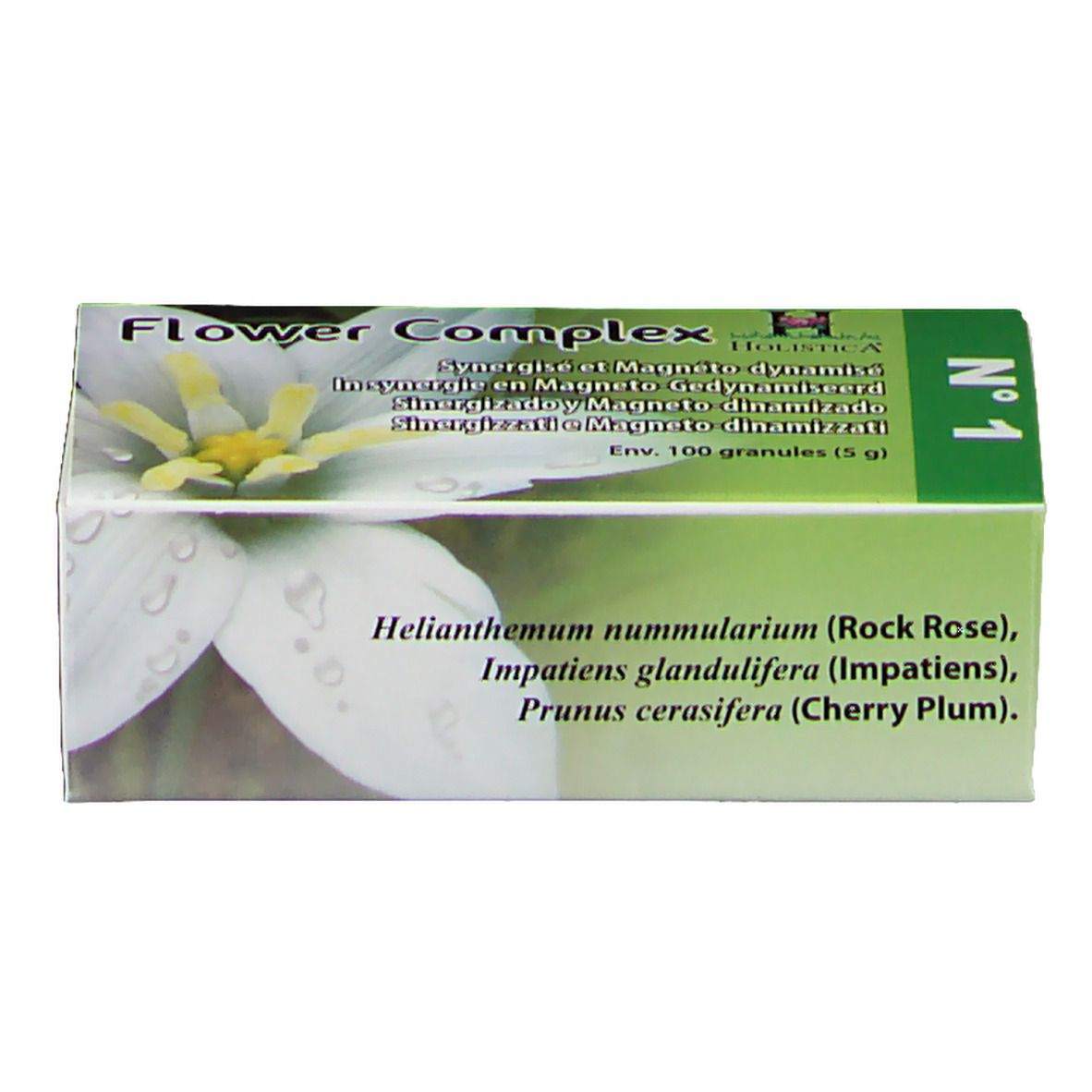 Confezione in cartone con nome del prodotto e ingredienti. Colori verde e bianco. Contiene 100 granuli.