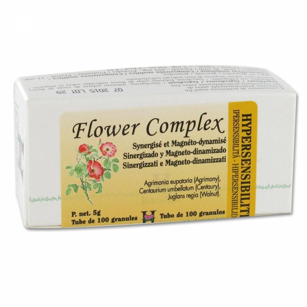 Scatola Flower Complex per ipersensibilità. Contiene 100 granuli. Design floreale e testo multilingue. Marchio e dettagli.