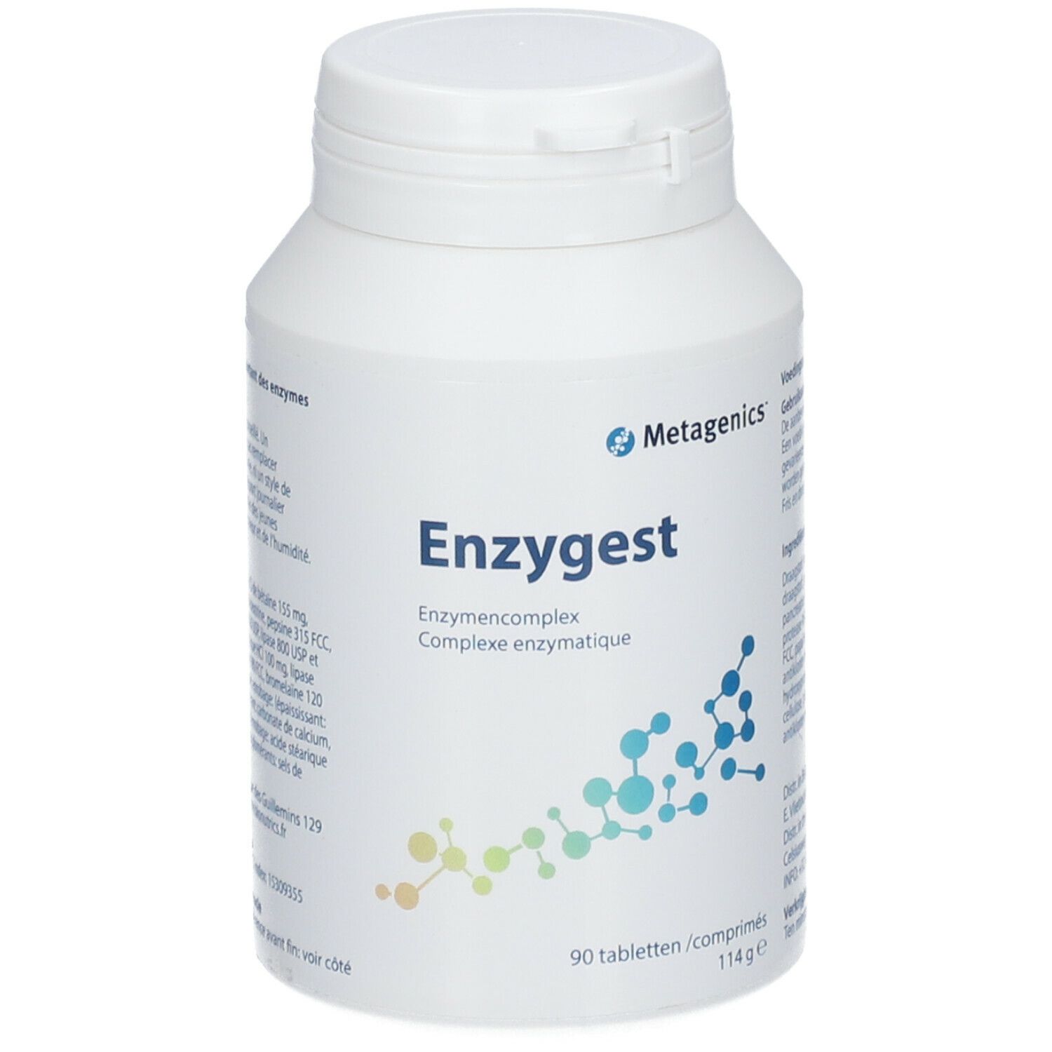 Due barattoli bianchi. Scritta: Enzygest. Testo: Nuovo packaging, stessa formula. Marchio: Metagenics.