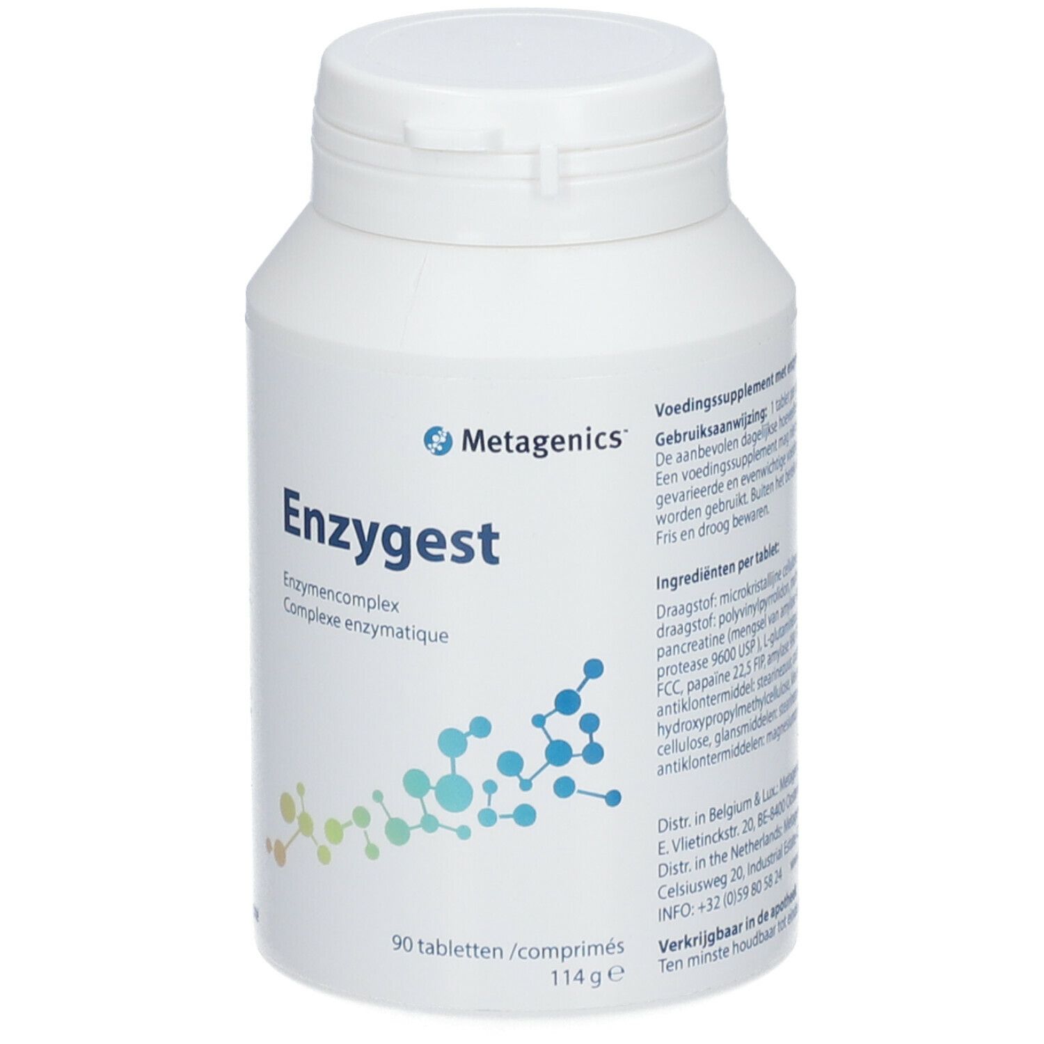 Barattolo bianco Enzygest, alto dosaggio di enzimi, 90 compresse. Marchio Metagenics.
